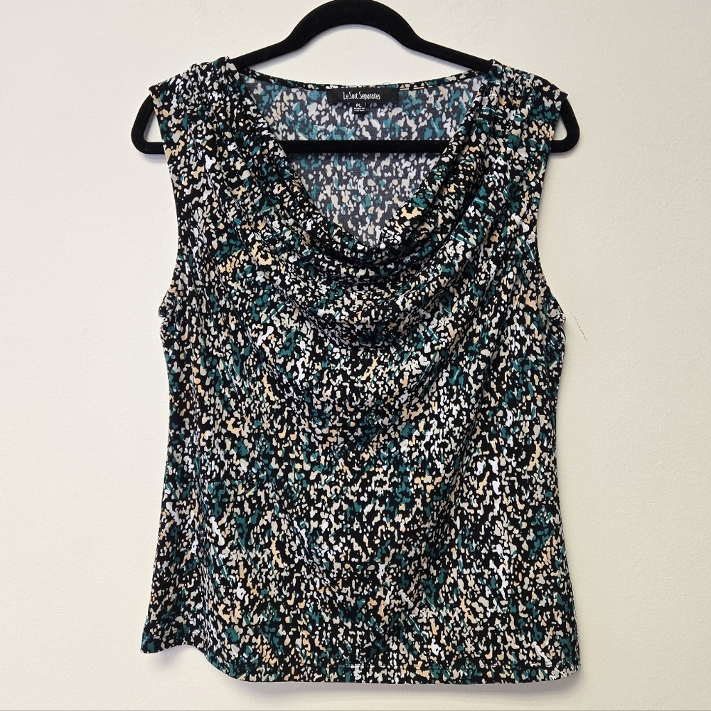 Le Suit Separates Drape Front Sleeveless Blouse Green Black PL
